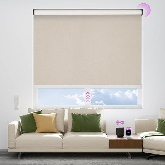Astomi Motorized Blinds with Remote - Blackout Smart Roller Shades Compatible with Alexa & Goggle Home, Solar Rechargeable, Custom Size 22" - 100" for Indoor Window, Linen