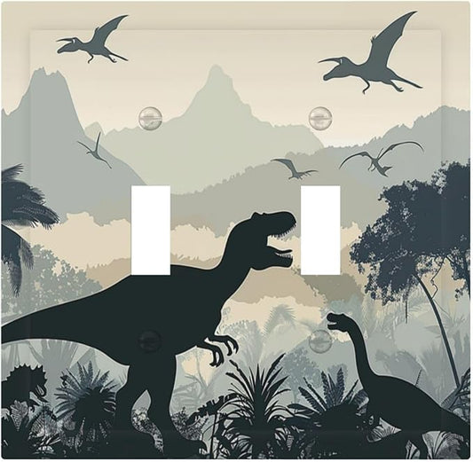 Decorative Switch Plates Prehistoric World Dinosaur Cartoon Fores 2 Gang Double Toggle Outlet Light Switch Cover Wall Plate Electrical Faceplate for Kids Room Nursery Decor