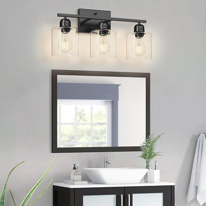 Modern 3 Light Bathroom Light Fixtures, 19 inch Black Vanity Lights For Bathroom With Clear Glass, Bathroom Lighting Fixtures Over Mirror For Mirror Kitchen Living Room Hallway Cabinet Porch