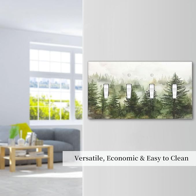 Light Switch Covers Green Forest Watercolor Painting Foggy Pine Quad Toggle Electrical Faceplate 4 Gang Wall Plate Decorative Switch Plates for Bedroom living Room Decor