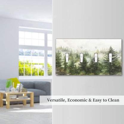 Light Switch Covers Green Forest Watercolor Painting Foggy Pine Quad Toggle Electrical Faceplate 4 Gang Wall Plate Decorative Switch Plates for Bedroom living Room Decor