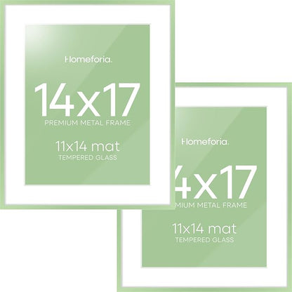 Homeforia 14x17 Picture Frame Sage Green, High End Metal 14x17 Poster Frames with Mat 11x14 inch Photo, 14 x 17 Sage Green Frame Matted to 11 by 14 Art, 17x14 Frame, Tempered Glass, Wall Kit, Set of 2