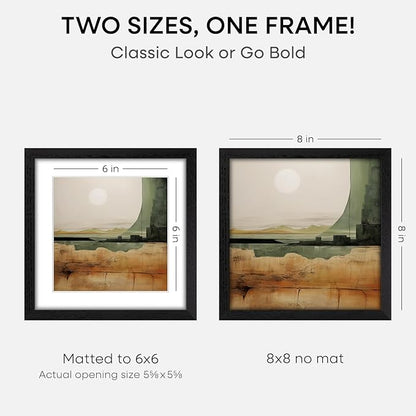 Homeforia 8x8 Picture Frame Black Wood, High-End Oak 8 x 8 Square Frames with Mat 6 by 6 inch Photo, 8x8 Wooden Frame Matted to 6x6 Art, 8by8 Wall or Tabletop Frame, Tempered Glass, Wall Kit, Set of 3