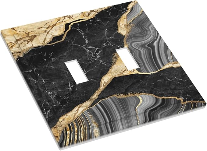Decorative Light Switch Plate Covers Modern Abstract Black Gold Marble 2 Gang Light Switch Cover Plate Double Toggle Wall Plate Outlet Covers for Bathroom Decor （2 Pack）