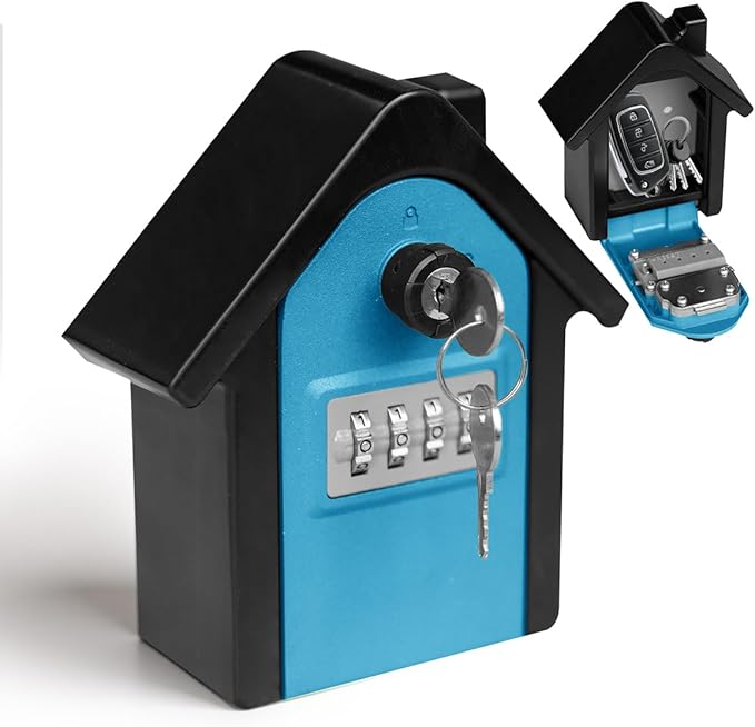 Key Lock Box with Combination lock & Key lock, Portable Large Capacity Key Storage Box Wall Mounted, Resettable Code, Waterproof Security Lock Box for Home, Office, Garage, Realtors Blue(1 Pack)