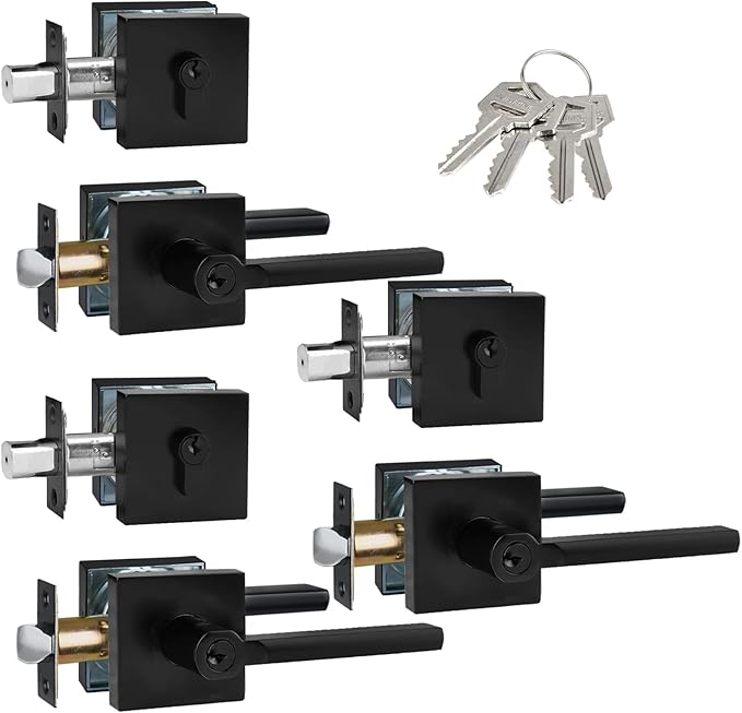 Keyed Alike(All Same Keys) Keyed Entry Door Lever with Single Cylinder Deadbolt Combo, Front Door/Exterior Door Handleset, Matte Black, 3 Set
