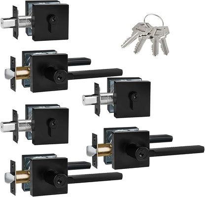Keyed Alike(All Same Keys) Keyed Entry Door Lever with Single Cylinder Deadbolt Combo, Front Door/Exterior Door Handleset, Matte Black, 3 Set