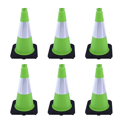 6 Pack 18 Inch Green Reflective Traffic Cones, Durable Black Base Safety Cones for Parking Lots, Sports Fields and Yard Markers (6, Green, 18 Inch)