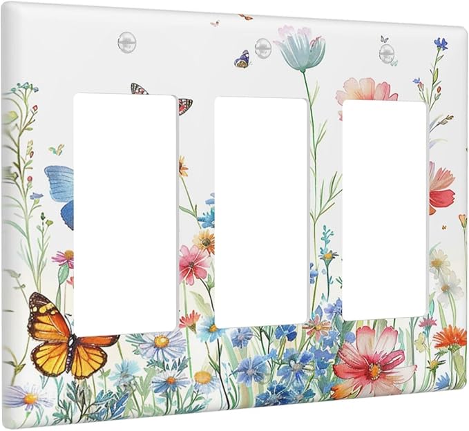 Decorative Outlet Covers Rustic Wildflower Blue Pink Floral Butterfly 3 Gang Light Switch Cover Plate Triple Rocker Wall Plates for Electrical Outlets Switch Plate Covers for Home Decor