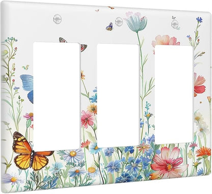 Decorative Outlet Covers Rustic Wildflower Blue Pink Floral Butterfly 3 Gang Light Switch Cover Plate Triple Rocker Wall Plates for Electrical Outlets Switch Plate Covers for Home Decor