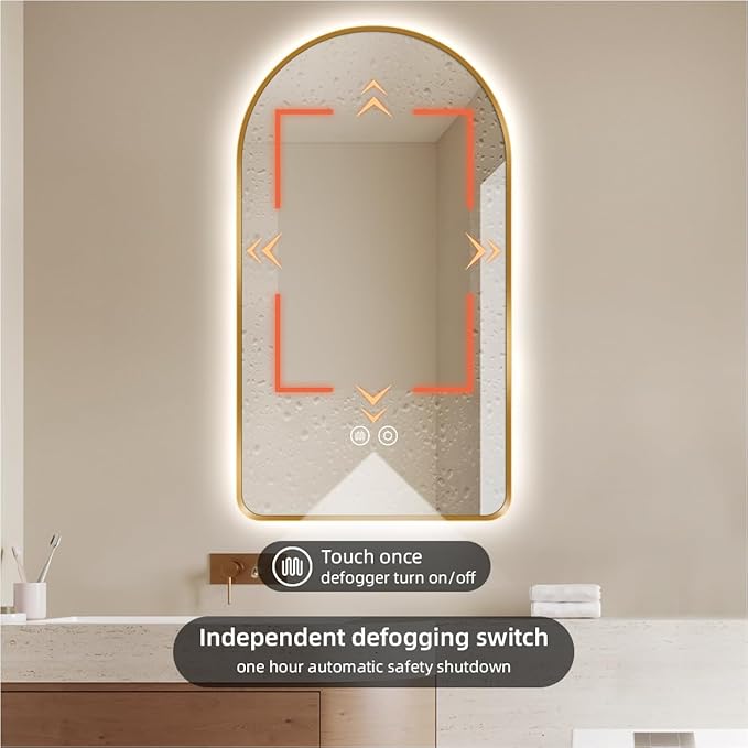 40 x 24 Arched LED Bathroom Mirror, Brushed Gold Framed, Backlit Vanity Mirror with Lights, Wall Mounted Lighted Mirror, Dimmable 3-Color Shatter-Proof Arch Smart Mirror, UL-Listed, CRI≥93
