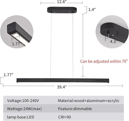 39" Black Linear Pendant Light Wooden Led Modern Linear Chandelier Ceiling Hanging Dimmable Pendant Lights for Dining Room Kitchen Island Pool Table Lights Black Wood Finish