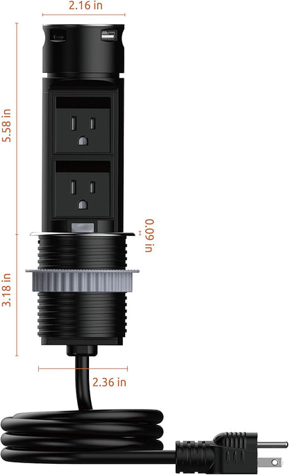 Link2Home Pop Up Outlet with 2 AC Power Outlets, 2 USB A/C Ports, 2.4A Fast Charge, Splash Resistant, Stainless Steel Retractable Socket for Kitchen Counter or Desk