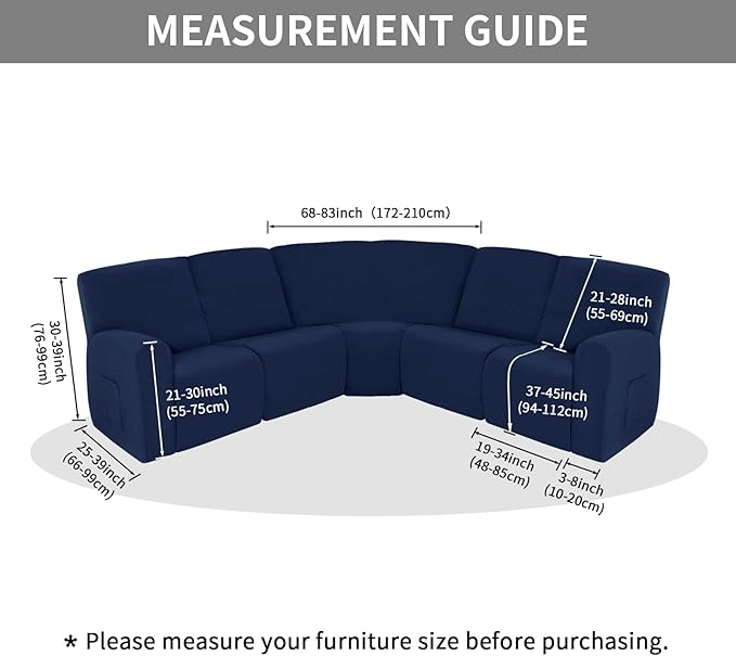 Easy-Going 100% Waterproof Recliner Cover, Stretch Couch Covers for Reclining Couches, Extra Large Sectional Sofa Slipcover, L-Shape Furniture Protector for Kids & Pets, 5 Seater, Navy