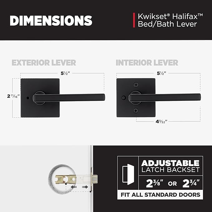 Kwikset Halifax Interior Privacy Door Handle with Lock, Door Lever For Bathroom and Bedroom, Matte Black Reversible Keyless Push Button Lock Door Lever, with Microban Protection, Square Rose