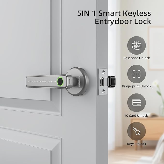 Fingerprint Door Lock Smart Door Lock with Keypad Keyless Entry Door Lock with Handle for Home Hotel Office Apartment Bedroom (Silver)
