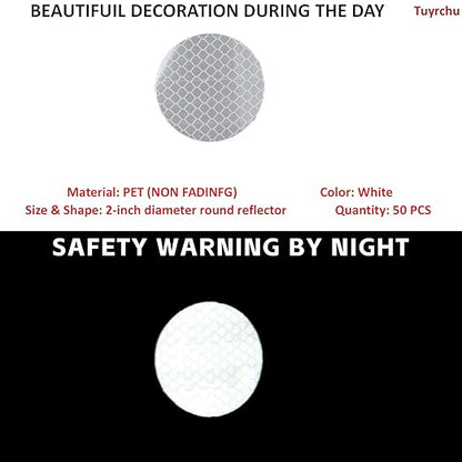 Non Fading White Reflective Stickers 2-inch Diameter Round Reflector, Outdoor Waterproof High Visibility Warning Adhesive Tape (50 Pcs)