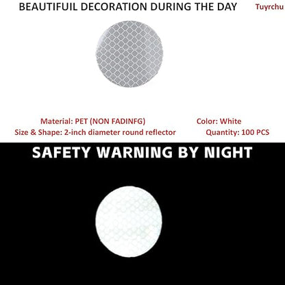 Non Fading White Reflective Stickers 2-inch Diameter Round Reflector, Outdoor Waterproof High Visibility Warning Adhesive Tape (100 Pcs)
