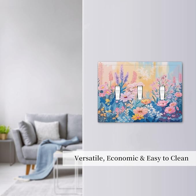 Decorative Light Switch Cover Plate Colorful Watercolor Flowers Wildflower Plants 3 Gang Wall Plate Triple Toggle Switch Plate Covers Electrical Outlet Cover for Bathroom Home Decor