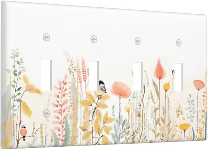 Light Switch Covers Colorful Floral Watercolour Cuddly Bird Quad Toggle Electrical Faceplate 4 Gang Wall Plate Decorative Switch Plates For Bed Room Living Room Decor