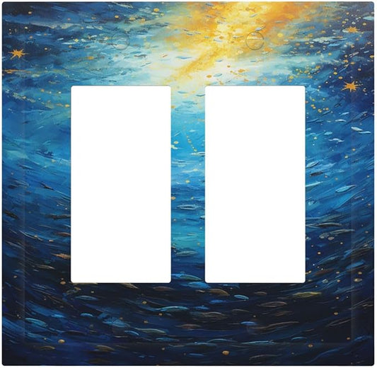 Decorative Outlet Covers Dream Ocean Underwater World Fish Shoal 2 Gang Double GFCI Rocker Electrical Wall Panels Light Switch Cover Plate for Kids room Nursery Decor