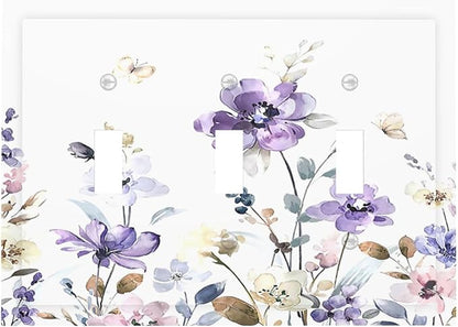 Decorative Switch Plates Purple Floral Lilac Watercolor Flower Leaves Butterfly Wildflower 3 Gang Wall Plate Faceplate Triple Toggle Light Switch Cover Electrical Wall Panels for Bedroom Home Decor