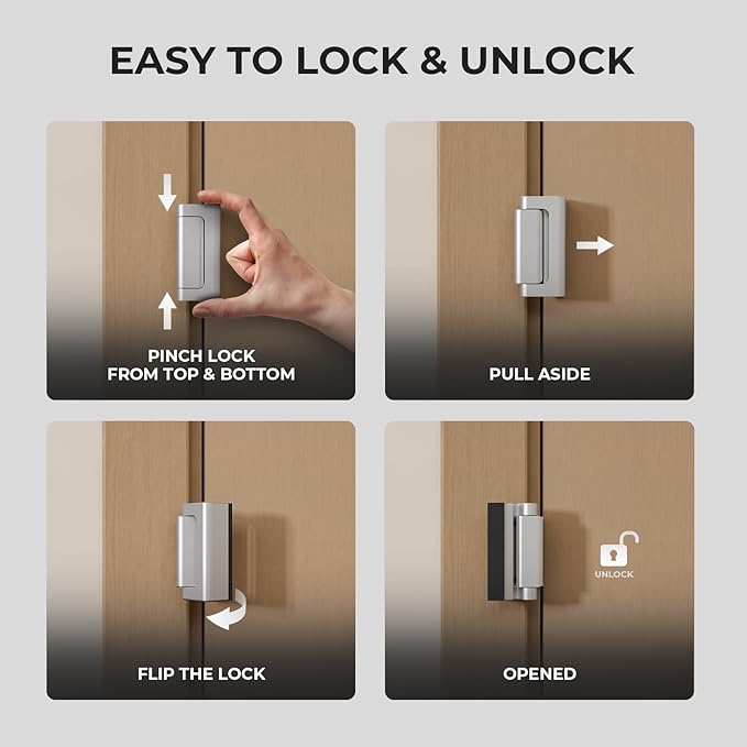 4Pack Home Security Door Reinforcement Lock Childproof, Door Locks for Kids Safety, Door Lock Latch Stopper for Front Door Inside Top of Door, Aluminum Construction Finish