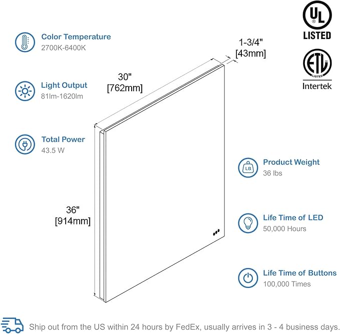 Blossom 30"X36" LED Bathroom Mirror with Lights, Front Lit and Backlight, Stepless Dimmable, Anti-Fog, Shatter-Proof Tempered Glass, Memory, 3 Colors Lighting Bathroom Mirrors for Vanity Makeup Mirror
