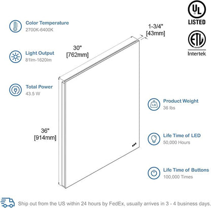 Blossom 30"X36" LED Bathroom Mirror with Lights, Front Lit and Backlight, Stepless Dimmable, Anti-Fog, Shatter-Proof Tempered Glass, Memory, 3 Colors Lighting Bathroom Mirrors for Vanity Makeup Mirror