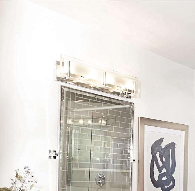 Hinkley Latitude Large Four Light Bath Vanity - Modern, Inside Etched Clear Glass Panel, Bulbs Included - Chrome Finish