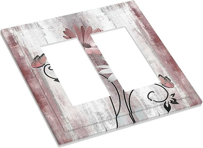 Decorative Outlet Covers Pink White Daisy Butterfly Wood Grain 2 Gang Double GFCI Rocker Electrical Wall Panels Light Switch Cover Plate for Farmhouse Bathroom Decor
