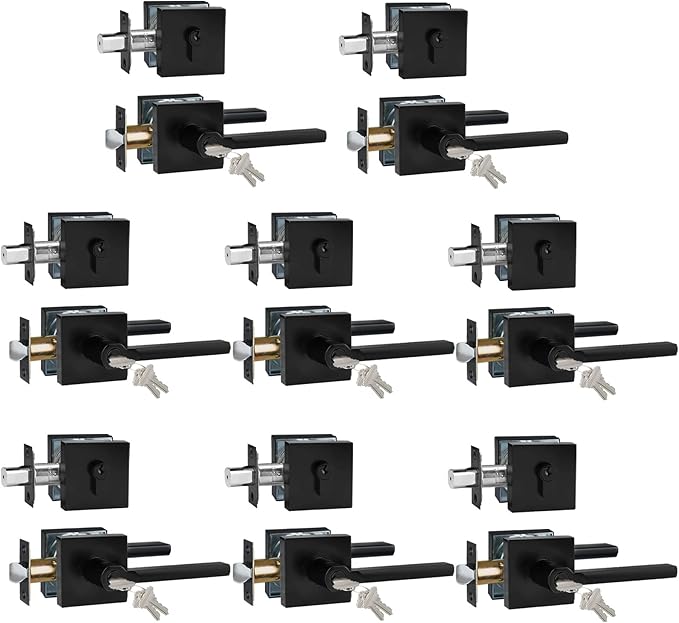 Keyed Entry Door Handle with Single Cylinder Deadbolt, Keyed Alike(Same Keys Only Per Set) Front Door/Exterior Door Lever Lockset, Matte Black, 8 Sets of Locks with 8 Sets of Different Keys