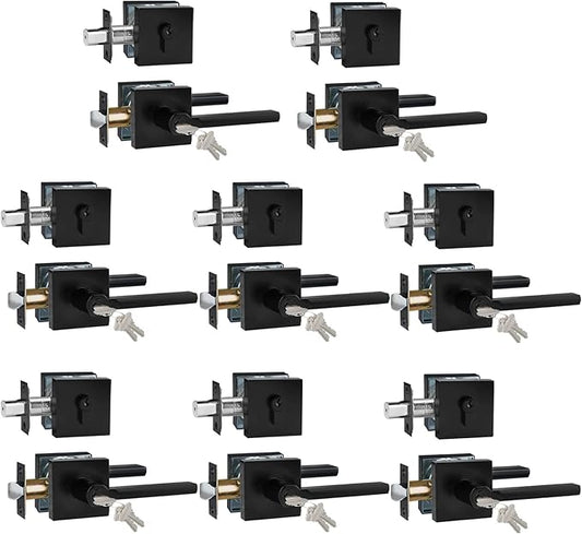 Keyed Entry Door Handle with Single Cylinder Deadbolt, Keyed Alike(Same Keys Only Per Set) Front Door/Exterior Door Lever Lockset, Matte Black, 8 Sets of Locks with 8 Sets of Different Keys