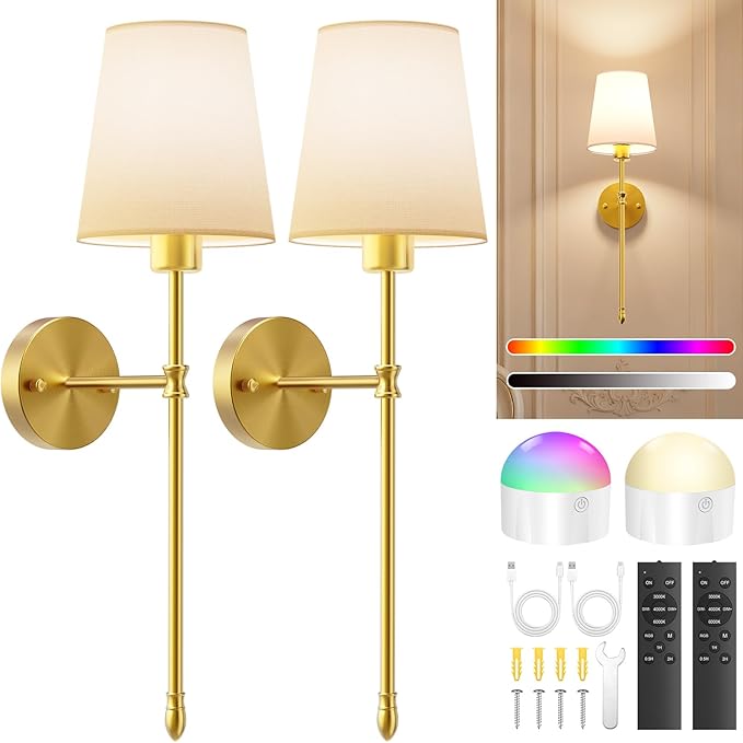OCATO Battery Operated Wall Sconce: 10000mAh Wireless Wall Sconces Set of Two Rechargeable Lamp Dimmable Magnetic Lights with 7 RGB Colors and Remote Home Decor Walls Decor for Bedroom Living Room