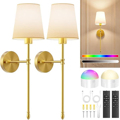 OCATO Battery Operated Wall Sconce: 10000mAh Wireless Wall Sconces Set of Two Rechargeable Lamp Dimmable Magnetic Lights with 7 RGB Colors and Remote Home Decor Walls Decor for Bedroom Living Room