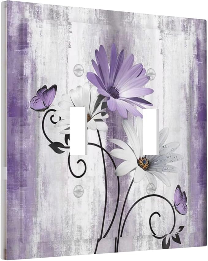 Decorative Light Switch Plate Covers Rustic White Purple Daisy Floral Flower 2 Gang Wall Plate Double Toggle Switch Cover Plate Electric Dual Device Electrical Faceplate for Bedroom Decor
