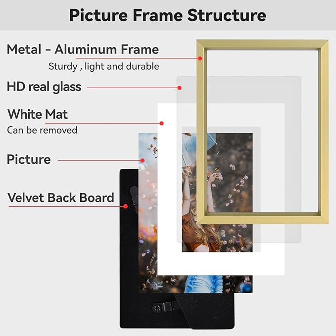 3x5 Picture Frame Set of 3, Brass Aluminum Metal Photo Frames with HD Glass, Fits 2x3 with Mat or 3 x 5 without Mat, Display for Wall and Table