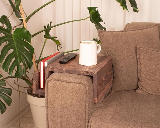 Wooden Couch Arm Tray – Sofa Armrest Table with Book & Magazine Holder, Perfect for Coffee & Remote Control, Solid Wood (London)