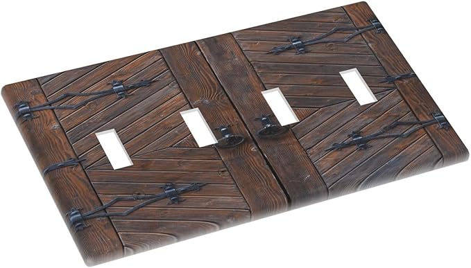 Decorative Light Switch Plate Covers Vintage Brown Wood Barn Door 4 Gang Light Switch Cover Quad Toggle Wall Plate Outlet Covers for Farmhouse Home Decor