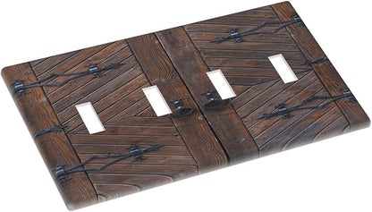 Decorative Light Switch Plate Covers Vintage Brown Wood Barn Door 4 Gang Light Switch Cover Quad Toggle Wall Plate Outlet Covers for Farmhouse Home Decor