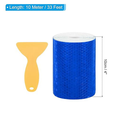 PATIKIL 4 Inch x 33 ft Reflective Tape, 1 Roll Waterproof Self Adhesive High Visibility Caution Warning Safety Tape Reflector with Scraper for Trucks Trailers Cars, Blue
