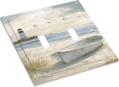 Decorative Light Switch Plate Covers Seascape Painting with Lighthouse Boats 2 Gang Wall Plate Unique Double Toggle Double Light Switch Covers for Bedroom Home Decor （2 Pack）