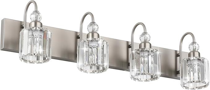 Ralbay 4-Light Crystal Vanity Light for Bathroom Brushed Nickel Modern Bathroom Light Fixtures