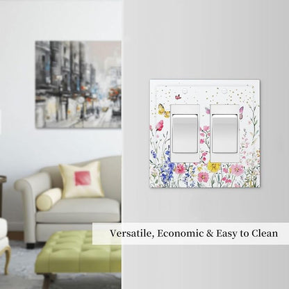 Decorative Outlet Covers Watercolor Floral Butterfly Colorful Wildflower 2 Gang Double Gfci Rocker Electrical Wall Panels Light Switch Cover Plate For Bed Room Living Room Decor