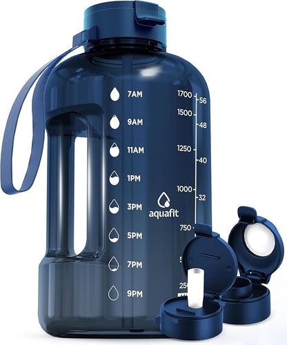 AQUAFIT 64 oz Water Bottle with Time Marker - Straw & Chug Lid - BPA Free Half Gallon Gym Water Bottle with Handle - Big Gallon Jug (Nebula, 64 Ounces)