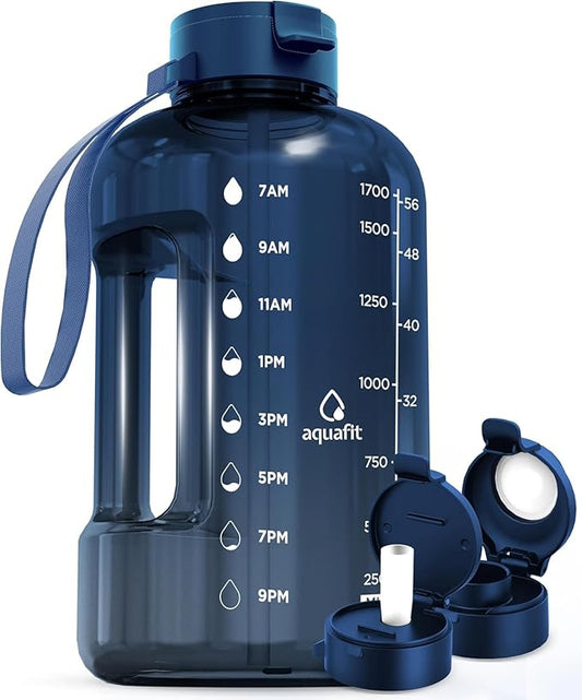 AQUAFIT 64 oz Water Bottle with Time Marker - Straw & Chug Lid - BPA Free Half Gallon Gym Water Bottle with Handle - Big Gallon Jug (Nebula, 64 Ounces)