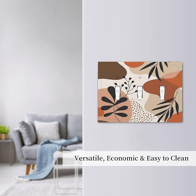 Decorative Switch Plates Boho Botanical Orange Green Beige Minimalist 3 Gang Wall Plate Triple Toggle Light Switch Cover Faceplate Electrical Wall Panels for Bedroom living Room Decor