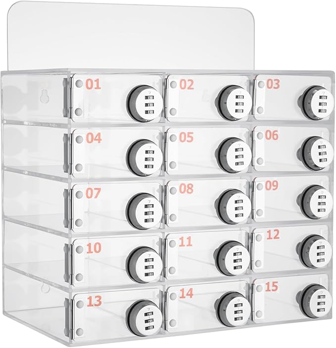 Cell Phone Storage Locker, 15 Slots Acrylic Material with Door Locks and Keys, Wall-Mounted Cabinet Pocket Office Classroom Gym Box, Clear