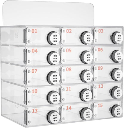Cell Phone Storage Locker, 15 Slots Acrylic Material with Door Locks and Keys, Wall-Mounted Cabinet Pocket Office Classroom Gym Box, Clear