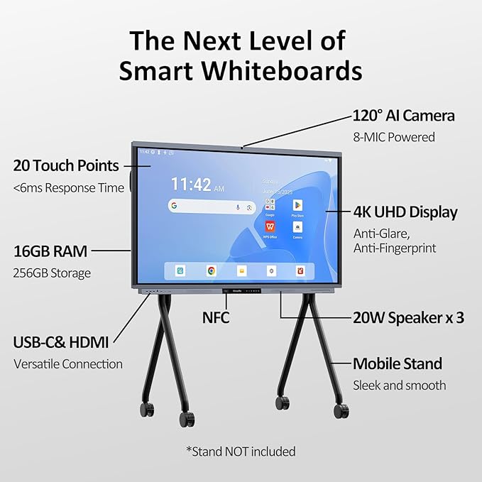 Shiarffe R9 Smart Board with Stand 4K Interactive Whiteboard EDLA-Certified All-in-One Touchscreen Digital Display Built-in 50MP AI Camera Mics and 60W Speaker for Classrom Hybrid Work